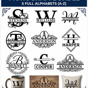 May include: A digital design bundle titled PREMIUM SPLIT MONOGRAM BUNDLE 5 FULL ALPHABETS (A-Z) featuring various black letter monograms with names like STEVENS, WILLIAMS, MADDISON, THOMPSON, ANDERSON, HARPER, BENNETT, and COOPER on a white background.