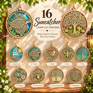 May include: A collection of 16 circular laser-cut wooden suncatchers featuring intricate designs including a turtle, tree of life, lighthouse, bird, bee, floral patterns, and a mandala, all with colourful, iridescent, stained-glass-style inserts.