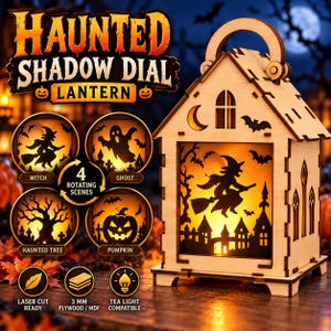 Halloween Shadow Lantern SVG, Rotating Shadow Lamp, Haunted House Lantern, Witch Ghost Pumpkin, Laser Cut Tea Light Holder