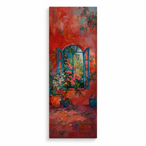 Può includere: Un dipinto a olio verticale su tela che raffigura una parete rossa vibrante con una cornice di finestra blu aperta. Attraverso la finestra si vedono fogliame verde e fiori rosa. Due vasi di terracotta con piante poggiano su un pavimento piastrellato.