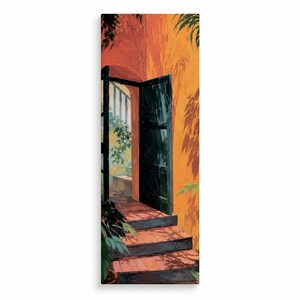 Può includere: Un dipinto a olio verticale che raffigura una porta verde scuro aperta inserita in una vivace parete in stucco arancione e giallo. Una serie di gradini in pietra conduce all'ingresso, con ombre di fogliame proiettate sulla parete e sui gradini.