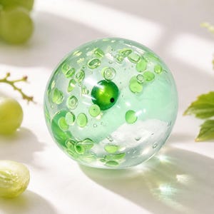 May include: A clear glass sphere containing numerous small green bubbles and a single solid dark green orb at its centre. The sphere is smooth and transparent, showcasing a variety of circular inclusions suspended within the glass structure.