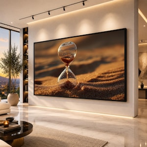 Può includere: Una grande opera d'arte murale rettangolare che raffigura una clessidra in vetro trasparente riempita di sabbia scura, posizionata al centro di un vasto paesaggio desertico color marrone dorato. L'opera è incorniciata da un sottile bordo nero.