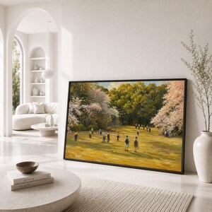 Spring Park Scene Canvas Print, Colorful Blossoms and People Enjoying Nature, Landscape Wall Art for Home Decor, park wall art