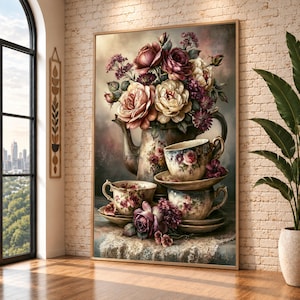 Op de afbeelding: Een ingelijste wandkunstprint met een stilleven van een metalen theepot gevuld met een boeket van roze, crèmekleurige en dieppaarse rozen en kleine bloemen, vergezeld door twee gestapelde theekopjes en schoteltjes met bloemmotieven.