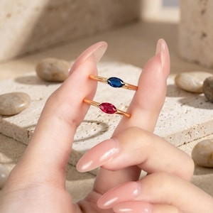 Marquise Ruby Ring, 14K Gold Solitaire Ring, Minimalist Red Gemstone Stacking Ring, Dainty Promise Ring for Women