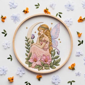 May include: A circular wooden embroidery hoop containing a fabric panel with a detailed thread-stitched illustration of a fairy with long blonde hair, pointed ears, and iridescent wings, seated on a crescent moon surrounded by pink lilies and green leaves.