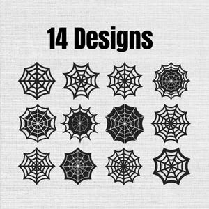 May include: A collection of 14 black spider web graphic designs arranged in a grid. Each web features a unique pattern of radial lines and concentric circles, presented as individual illustrations on a light gray textured background.