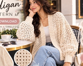 Crochet Cardigan Pattern, Women's Open Front Sweater, Oversized Layering Jacket, Textured Stitch Tutorial, PDF Download