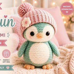 Penguin Plush Crochet Pattern PDF, Amigurumi Penguin with Hat and Flower, Easy Stuffed Bird Toy Tutorial, Digital Download
