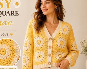Crochet Cardigan Pattern PDF, Daisy Granny Square Sweater, Floral Digital Download