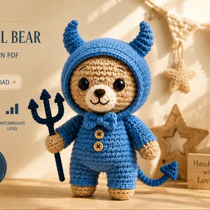 Cute Blue Devil Bear Crochet Pattern PDF, Halloween Amigurumi Teddy Doll with Hood, Horns, Tail and Trident