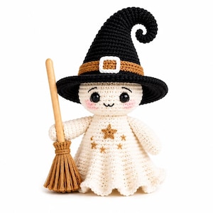 Crochet Witch Ghost Doll Pattern PDF, Halloween Amigurumi with Hat and Broom, Cute Spooky Crochet Tutorial