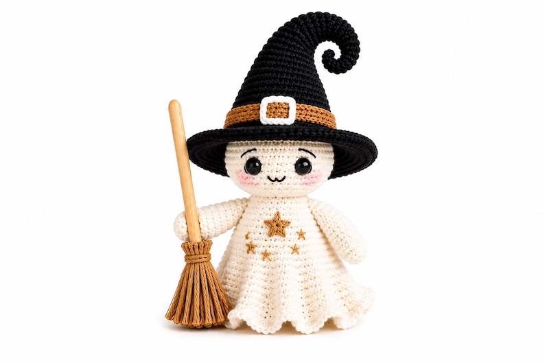 Crochet Witch Ghost Doll Pattern PDF, Halloween Amigurumi with Hat and Broom, Cute Spooky Crochet Tutorial