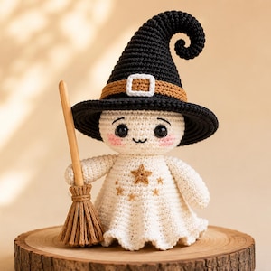 Crochet Witch Ghost Doll Pattern PDF, Halloween Amigurumi with Hat and Broom, Cute Spooky Crochet Tutorial