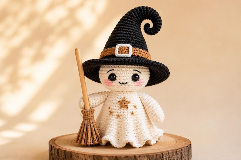 Crochet Witch Ghost Doll Pattern PDF, Halloween Amigurumi with Hat and Broom, Cute Spooky Crochet Tutorial