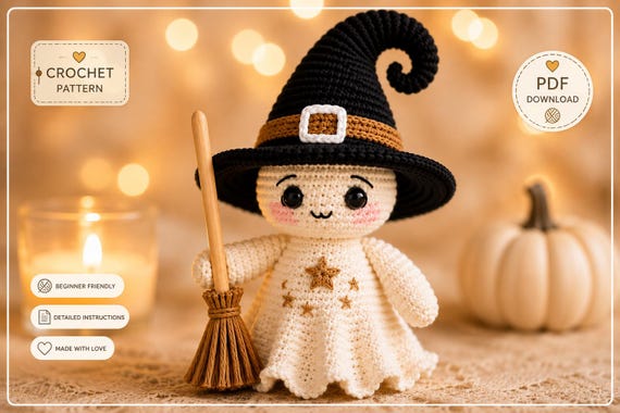 Crochet Witch Ghost Doll Pattern PDF, Halloween Amigurumi with Hat and Broom, Cute Spooky Crochet Tutorial