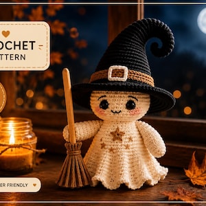 Crochet Witch Ghost Doll Pattern PDF, Halloween Amigurumi with Hat and Broom, Cute Spooky Crochet Tutorial