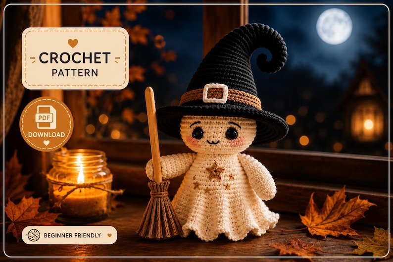 Crochet Witch Ghost Doll Pattern PDF, Halloween Amigurumi with Hat and Broom, Cute Spooky Crochet Tutorial