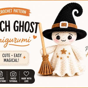 Crochet Witch Ghost Doll Pattern PDF, Halloween Amigurumi with Hat and Broom, Cute Spooky Crochet Tutorial