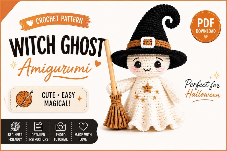 Crochet Witch Ghost Doll Pattern PDF, Halloween Amigurumi with Hat and Broom, Cute Spooky Crochet Tutorial
