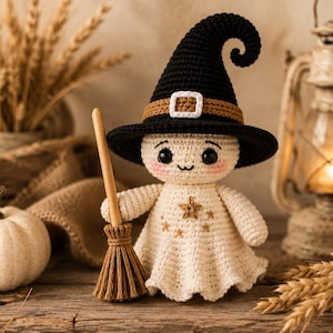Crochet Witch Ghost Doll Pattern PDF, Halloween Amigurumi with Hat and Broom, Cute Spooky Crochet Tutorial