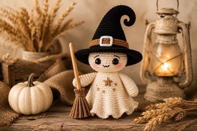 Crochet Witch Ghost Doll Pattern PDF, Halloween Amigurumi with Hat and Broom, Cute Spooky Crochet Tutorial