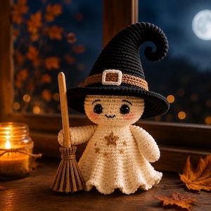 Crochet Witch Ghost Doll Pattern PDF, Halloween Amigurumi with Hat and Broom, Cute Spooky Crochet Tutorial