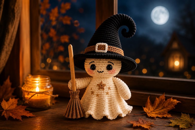 Crochet Witch Ghost Doll Pattern PDF, Halloween Amigurumi with Hat and Broom, Cute Spooky Crochet Tutorial