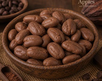 May include: A wooden bowl filled with chocolate-covered pecans. The pecans are a rich brown color and have a textured surface. A wooden scoop with cocoa powder and a bowl of chocolate-covered coffee beans are in the background. The text "Jazzy Apples and Chocolates" is visible.