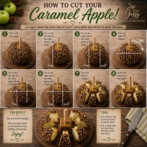 May include: An instructional infographic titled How to Cut Your Caramel Apple by Jazzy Apples & Chocolates. It features eight numbered steps showing how to slice a caramel-covered apple with a stick into eight wedges using 1-inch spacing.