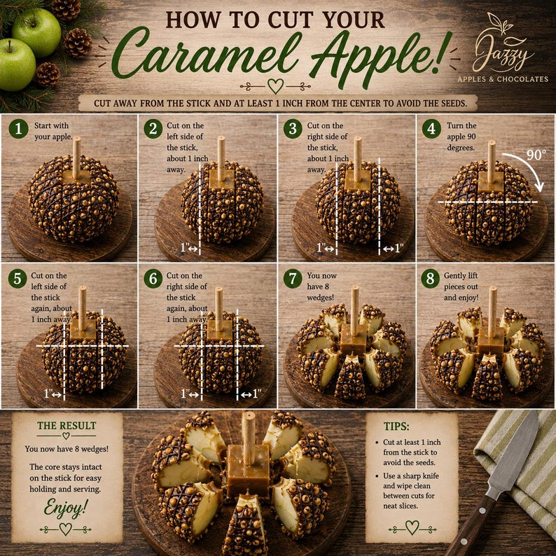 May include: An instructional infographic titled How to Cut Your Caramel Apple by Jazzy Apples & Chocolates. It features eight numbered steps showing how to slice a caramel-covered apple with a stick into eight wedges using 1-inch spacing.