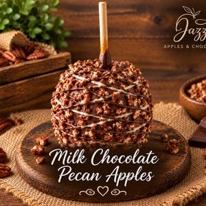 May include: A caramel apple coated in milk chocolate and chopped pecans with a wooden stick, featuring a drizzle of white and dark chocolate. The text reads Jazzy APPLES & CHOCOLATES and Milk Chocolate Pecan Apples.