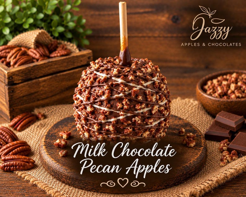 May include: A caramel apple coated in milk chocolate and chopped pecans with a wooden stick, featuring a drizzle of white and dark chocolate. The text reads Jazzy APPLES & CHOCOLATES and Milk Chocolate Pecan Apples.