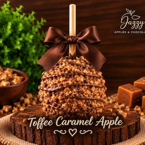 May include: A caramel apple coated in crushed toffee bits and drizzled with chocolate, featuring a brown satin bow on the stick. The text reads Jazzy APPLES & CHOCOLATES and Toffee Caramel Apple with a heart symbol.