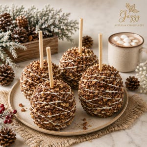 May include: Four caramel apples coated in chopped nuts and drizzled with white and dark chocolate, each featuring a wooden stick. The apples are arranged on a round plate next to a mug of hot cocoa with marshmallows and pinecones.