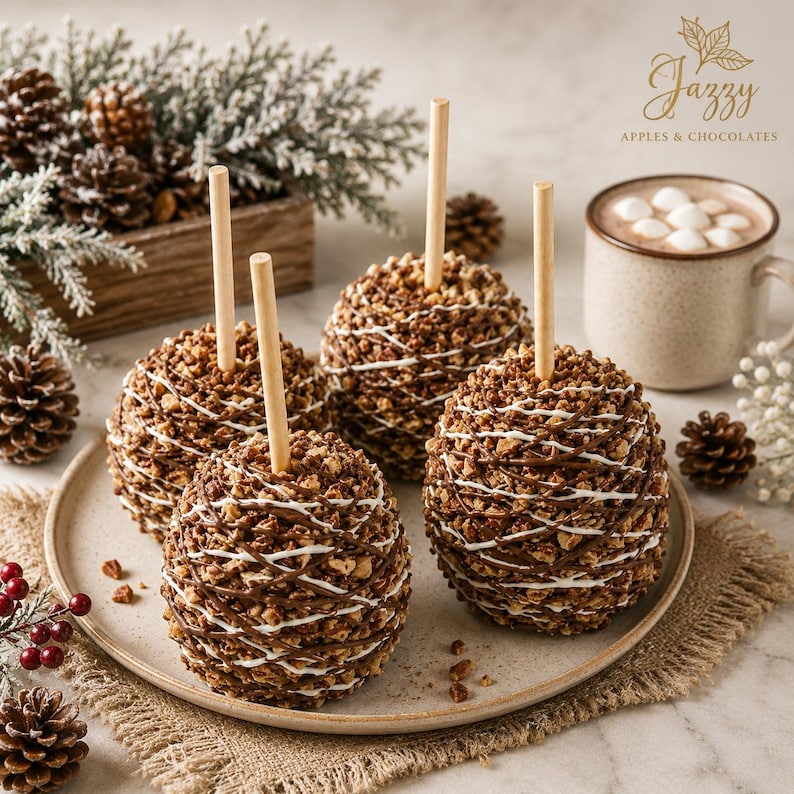 May include: Four caramel apples coated in chopped nuts and drizzled with white and dark chocolate, each featuring a wooden stick. The apples are arranged on a round plate next to a mug of hot cocoa with marshmallows and pinecones.
