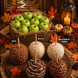 May include: Five gourmet caramel apples on a wooden board, labeled Toffee, Apple Pie, White Chocolate Coconut, Dark Chocolate Pretzel, and Peanut Butter Frenzy, with a crate of green apples and autumn decor in the background.