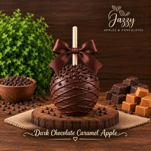 May include: A dark chocolate-covered apple on a stick, topped with a brown satin bow. The apple is decorated with a dark chocolate drizzle and small chocolate chips. The text "Jazzy APPLES & CHOCOLATES" and "Dark Chocolate Caramel Apple" appear.