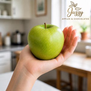 May include: A single, smooth, bright green apple with a small brown stem centered at the top. The apple is held in an open palm. In the upper right corner, the text reads Jazzy APPLES & CHOCOLATES with a small leaf icon above it.