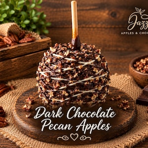 May include: A caramel apple coated in dark chocolate, drizzled with white chocolate, and topped with chopped pecans. A wooden stick is inserted in the center. The text reads Jazzy APPLES & CHOCOLATES and Dark Chocolate Pecan Apples.