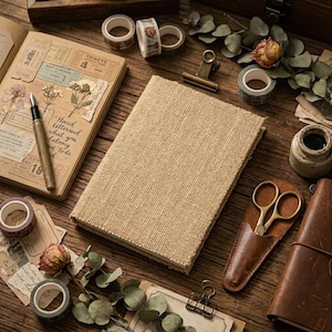May include: A rectangular journal with a textured tan burlap cover, positioned among various stationery items including a fountain pen, brass scissors in a leather sheath, washi tape rolls, metal binder clips, and dried eucalyptus leaves.
