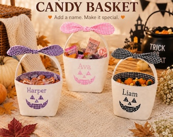 Embroidered Custom Name Halloween Trick or Treat Basket, Personalized Kids Candy Pail, Pumpkin Halloween Treat Bag, Child Halloween Gift.