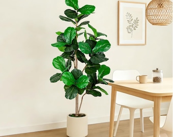 5ft Fiddle Leaf Fig Tree, Realistic Faux Ficus Lyrata Plant, White Planter