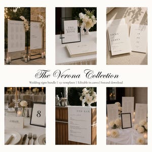 Op de afbeelding: Een collectie trouwstationery-sjablonen, waaronder zitplannen, gastenboekbordjes, uitnodigingen, tafelnummers en barmenu's. De ontwerpen bestaan uit wit papier met zwarte schreefletters en worden in verschillende settings getoond.