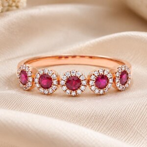 Custom Pink Ruby Five Stone Round Cut Diamond Ring In 18k Gold Vermeil, Dainty Rose Gold stacking Wedding Band, 1st Anniversary Ring Wifey
