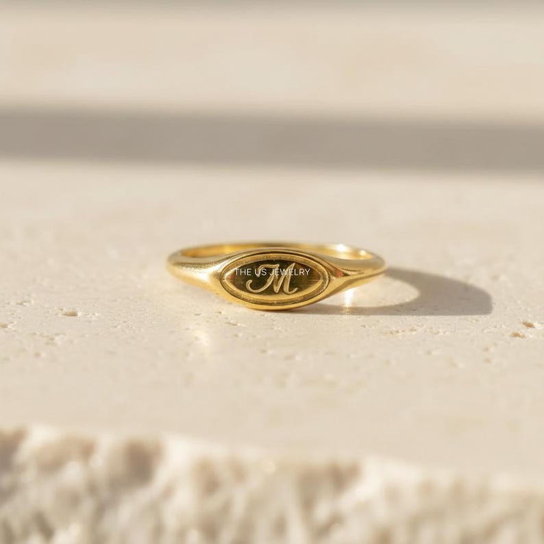 Signet Ring R Initial Hand-Engraved Initial Pinky Signet Engagement Ring In 18K Gold Vermeil ...