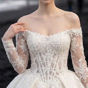 Off Shoulder Long Sleeve Wedding Dress — Crystal Princess Ball Gown, Ivory Sparkly Bridal Gown with Train, Plus Size Bride