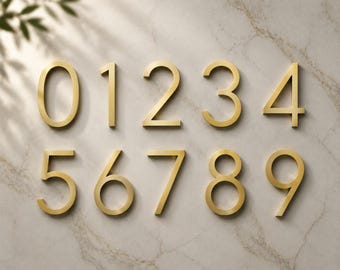 Números de casa de latón macizo, números de dirección modernos, números de puerta de metal dorado cepillado, números de pared exteriores personalizados, letrero minimalista para el hogar