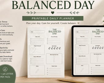 Balanced Day Planner PDF, Self Care Planner, Daily Focus Sheet, Productivity Printable, Digital Download
